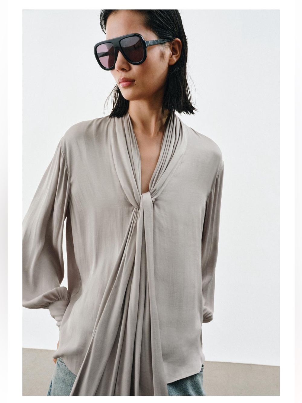 Zara ZW collection Draped Tie-Neck Long Sleeve Top - Taupe